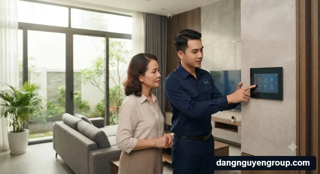 Kỹ thuật viên tư vấn và lắp đặt trực tiếp giải pháp Nhà phố nên lắp nhà thông minh ra sao?