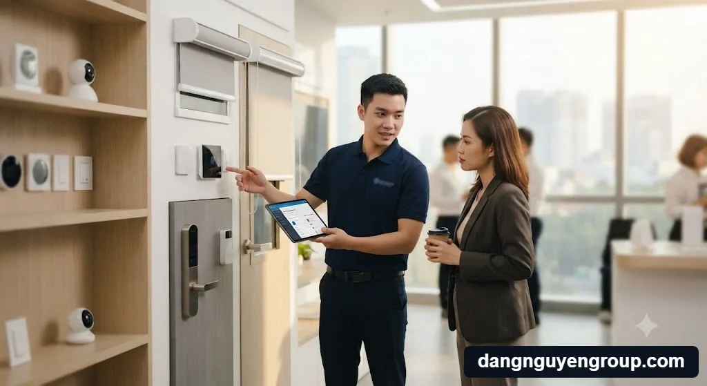 Kỹ thuật viên tư vấn giải pháp và quy trình triển khai trọn gói cho câu hỏi Nhà thông minh có phù hợp nhà cho thuê không?