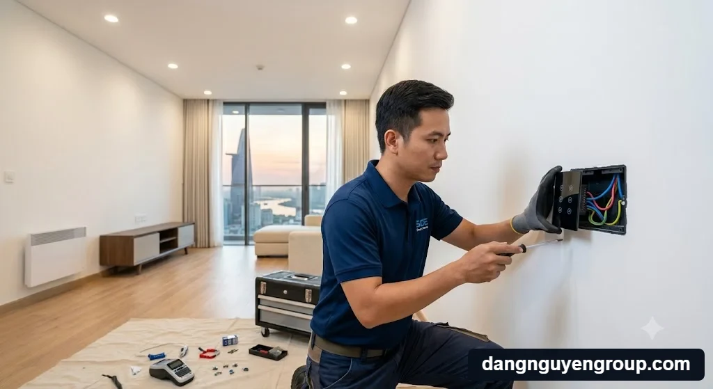 Lắp đặt công tắc hoàn thiện giải thích khi nào nên triển khai nhà thông minh trong quá trình xây dựng