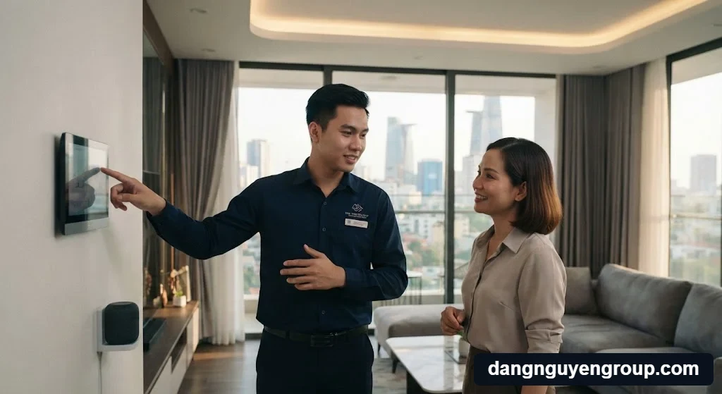 Kỹ thuật viên tư vấn giải pháp trọn gói cho khách hàng về Những yếu tố ảnh hưởng đến chi phí nhà thông minh.